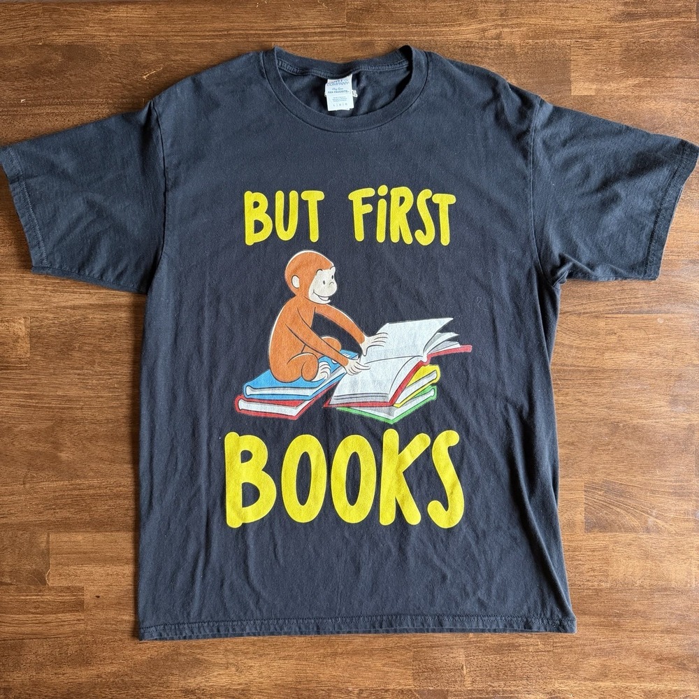 Curious George 'But First Books' Men's Shirt Size Large Librarian Grannycore